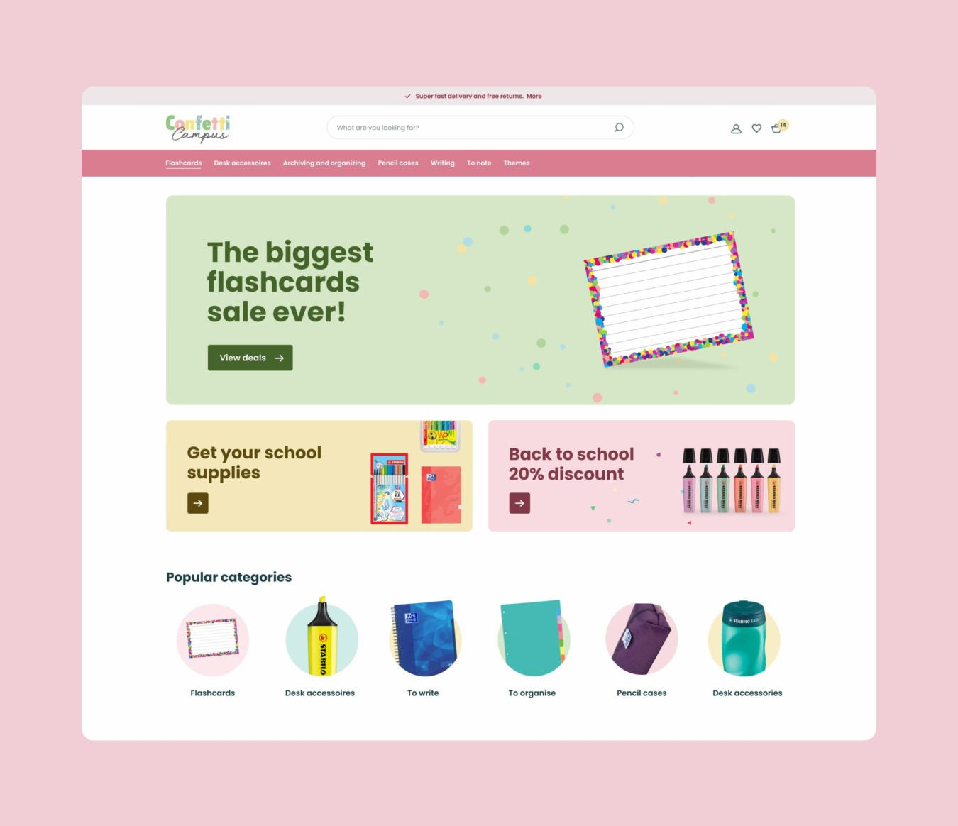 Webshop homepage voor schoolspullen