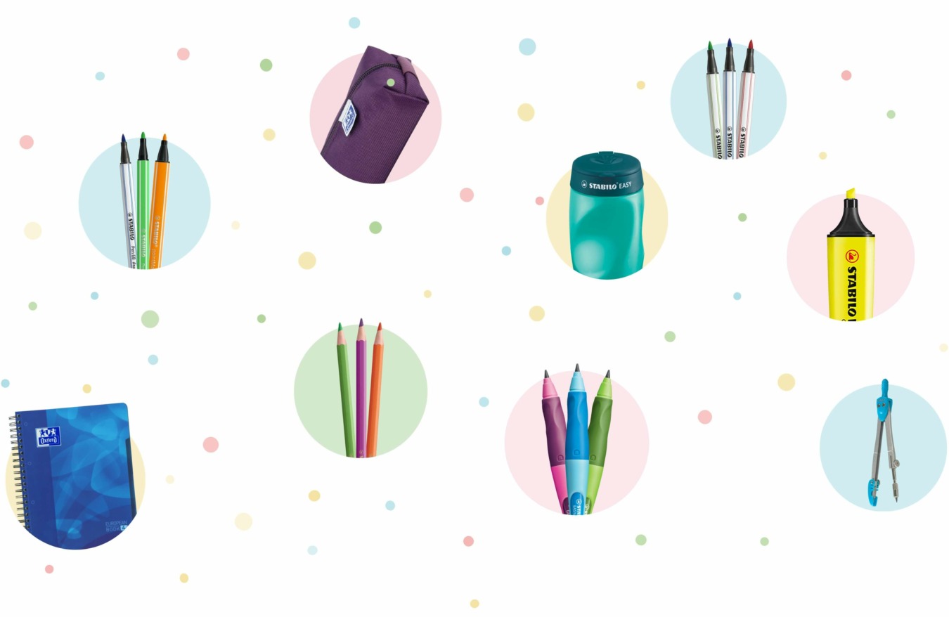 Confetti met producten, markers, stiften, pennen, etui en potloden