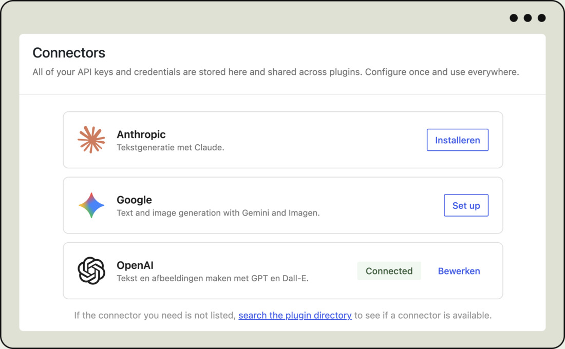 WordPress 7.0 API connectors Anthropic, Google en OpenAI